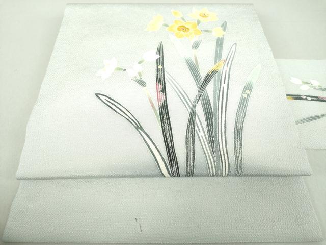 平和屋着物●人間国宝・羽田登喜男　九寸名古屋帯　水仙　鬼しぼ縮緬　正絹　逸品　未使用　DAAU5324ps