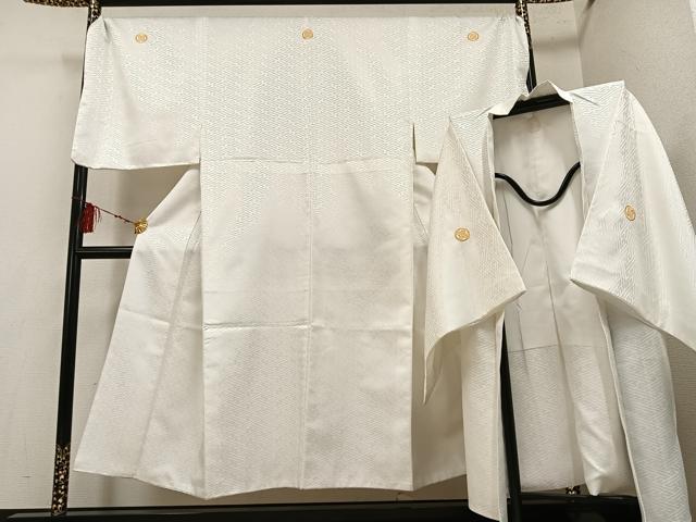 平和屋着物●男性 色紋付 羽織セット 紗綾形地紋 象牙色 洗える着物 AABF6073ph