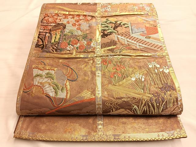 平和屋着物◎六通柄袋帯　唐織　格子柄御所車文　金糸　引箔　正絹　逸品　BAAN8920du