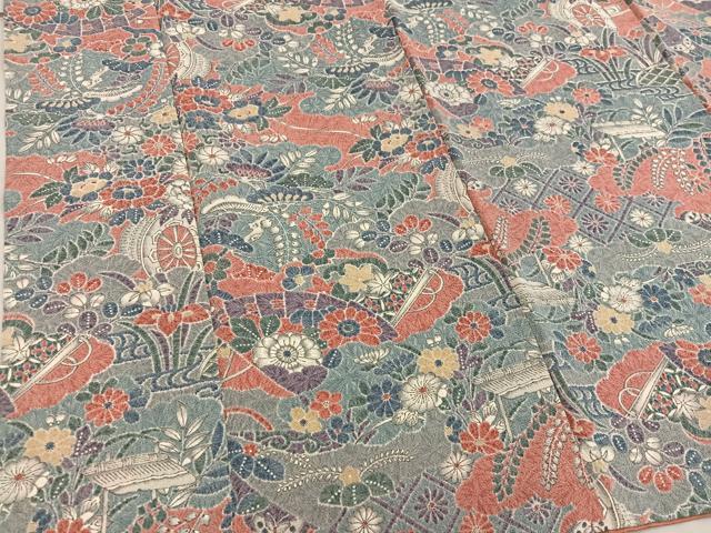 平和屋着物■上質な小紋　檜扇花文　鬼しぼ縮緬　正絹　逸品　BAAW6711mz