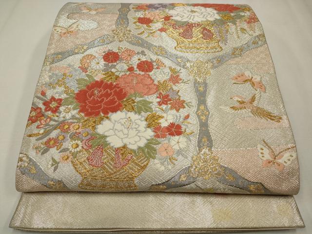 平和屋着物◎西陣　野々村織物謹製　六通柄袋帯　唐織　舞蝶花鳥文　金銀糸　証紙付き　正絹　逸品　未使用　CAAW9528qe