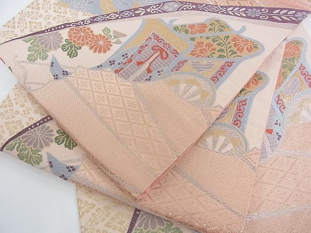 平和屋着物■六通柄袋帯　唐織　扇面御所車花文　金銀糸　逸品　sa3678