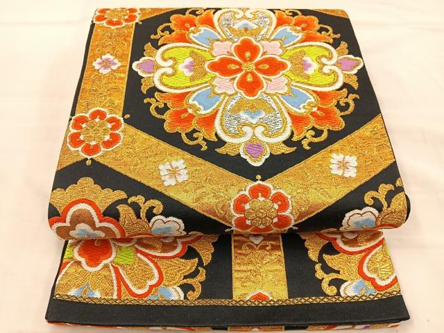 平和屋着物◎六通柄袋帯　唐織　亀甲花文　黒字　金銀糸　正絹　逸品　BAAS7585xa