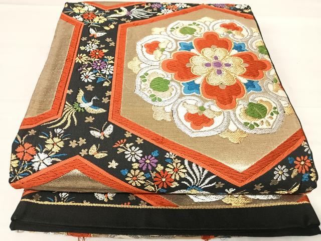 平和屋着物◎六通柄袋帯　唐織　亀甲花鳥文　黒地　金銀糸　正絹　逸品　AABE7164yx