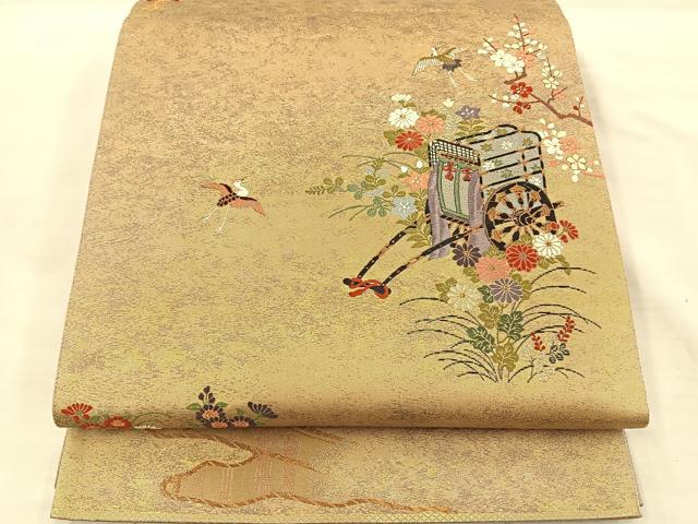 平和屋着物◎太鼓柄袋帯　彩瀞箔　御所車花鳥文　正絹　逸品　BAAS6054fc