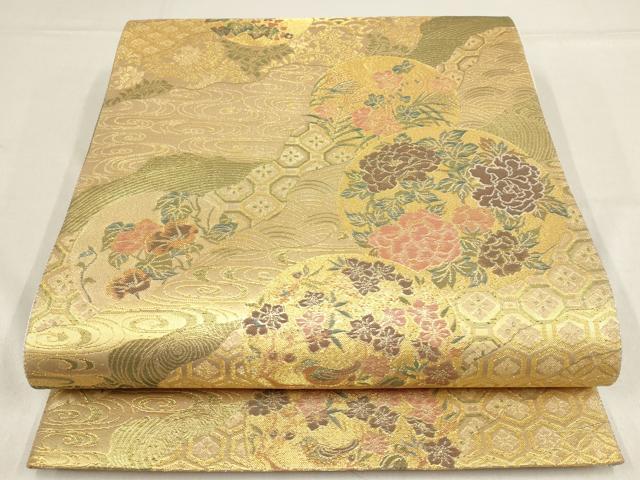 平和屋着物▼両面六通柄袋帯 道長花鳥丸文 金糸 正絹 逸品 AABF3823wj