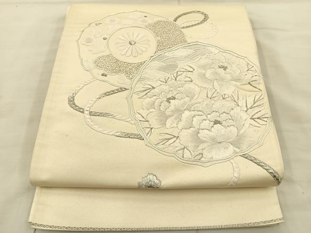平和屋着物◎太鼓柄袋帯　総駒刺繍　鏡裏花文　銀糸　正絹　逸品　BAAS6073fc