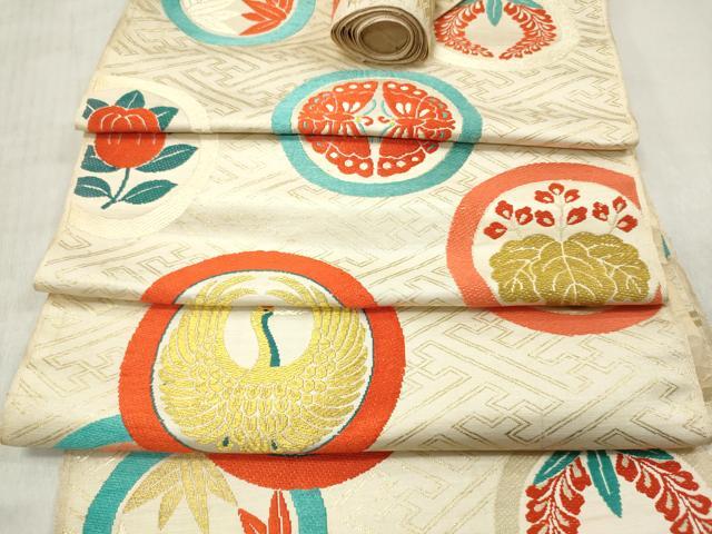 平和屋の平和屋着物▼袋帯 帯反物 花鳥丸文 金糸 逸品 未使用 DABE3302we｜アングル2