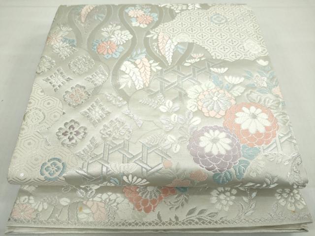平和屋着物◎六通柄袋帯　唐織　雲取り草花文　銀糸　正絹　逸品　DABF1042ud