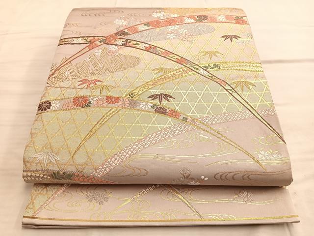 平和屋着物◎六通柄袋帯　唐織　流水草花文　金銀糸　正絹　逸品　BAAN8954du
