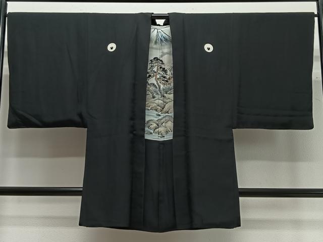 平和屋着物∞男性　長羽織　黒紋付　羽裏：風景文　正絹　逸品　CABC3167ua