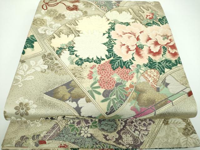 平和屋着物●全通柄袋帯　唐織　冊子風景花文　金糸　正絹　逸品　DABB4079ps