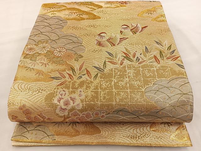 平和屋着物◎佐賀錦　六通柄袋帯　鴛鴦花文　金糸　正絹　逸品　BAAT2102ph