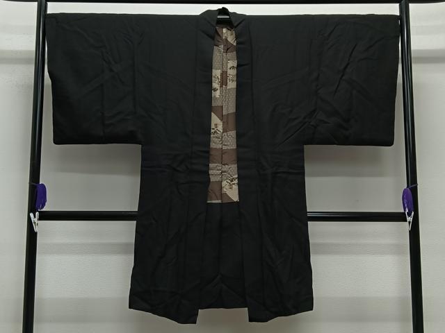 Full-Length Under-Kimono - 平和屋着物∞男性　長羽織　紬地　暗黒色　正絹　逸品　CABE5102ua
