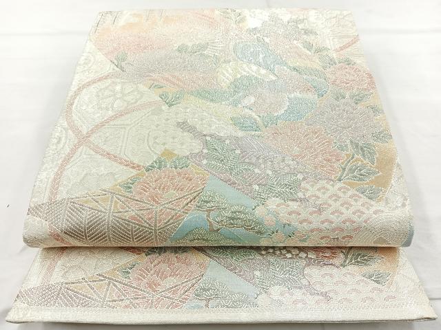 平和屋着物◎900織特選佐賀錦 六通柄袋帯 尾長鳥花絵巻 金糸 正絹 逸品 BAAM6557cm