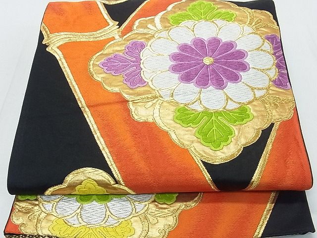 平和屋着物◎六通柄袋帯 唐織 菊竹文 黒地 金糸 逸品 DAAA0718ea