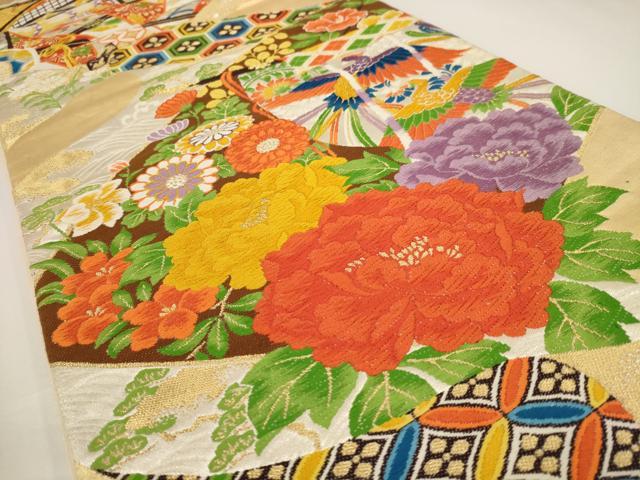 平和屋着物◎六通柄袋帯　唐織　風景花鳥文　金糸　正絹　逸品　AAAU7205dt