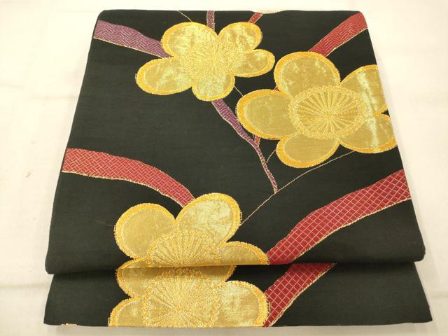 平和屋着物◎六通柄袋帯　舞桜文　黒地　金銀糸　正絹　逸品　AAAU9831fw