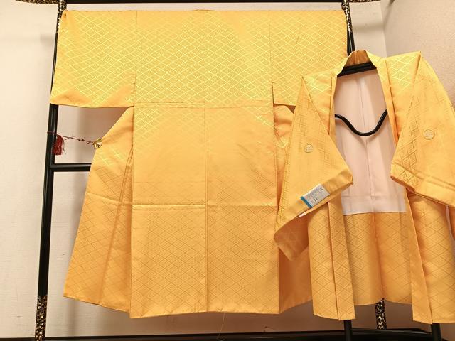 平和屋着物●男性　色紋付　羽織セット　萱草色　洗える着物　AABF6077ph