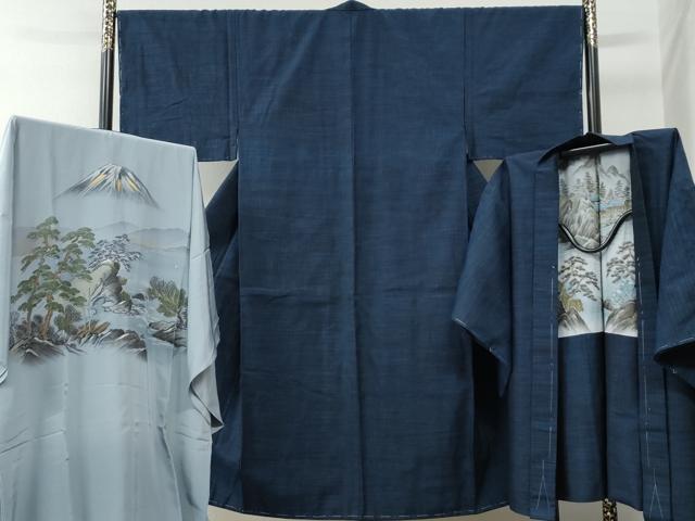 平和屋着物●男性 紬 アンサンブル・長襦袢セット 霞文 正絹 逸品 未使用 CAAW7367yc