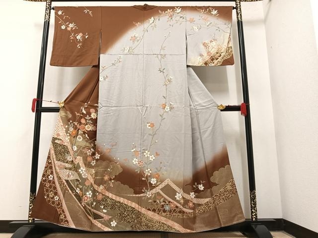 平和屋着物●訪問着　駒刺繍　枝花文　暈し染め　金彩　正絹　逸品　AAAY7892ph