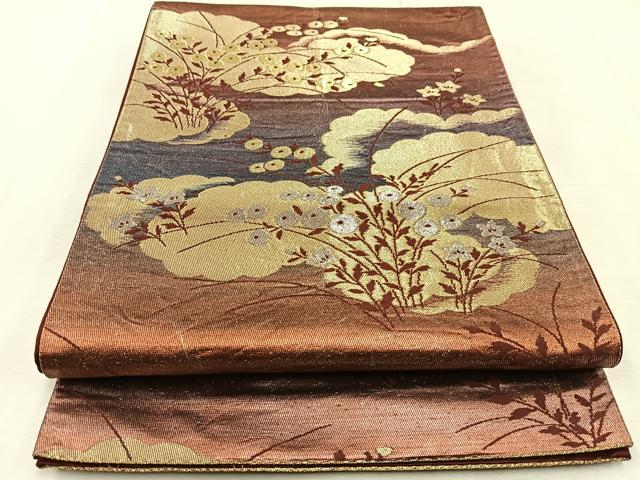 平和屋着物◎六通柄袋帯 雲重ね秋草文 金銀糸 引箔 正絹 逸品 BAAU9021yc