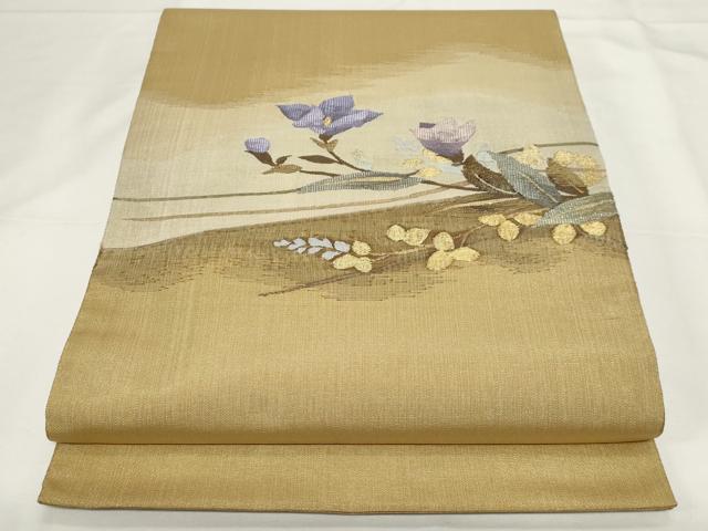 平和屋着物●太鼓柄袋帯 すくい織 草花文 金糸 正絹 逸品 未使用 CAAZ0319dy