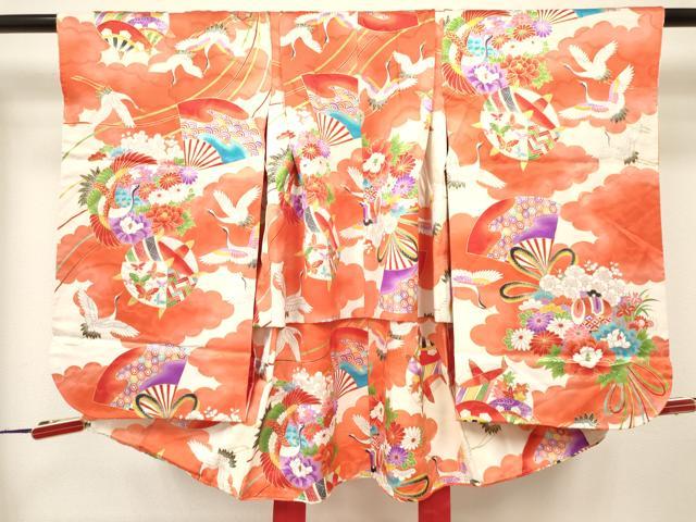 平和屋着物[]七五三　女の子　3歳　祝着　三つ身　糸車　扇面飛鶴花文　金彩　逸品　DAAW2801ma