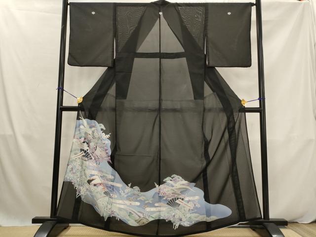 平和屋着物＊夏物　黒留袖　絽　扇飛鳥梅松文　金銀彩　洗える着物　AABK2921st
