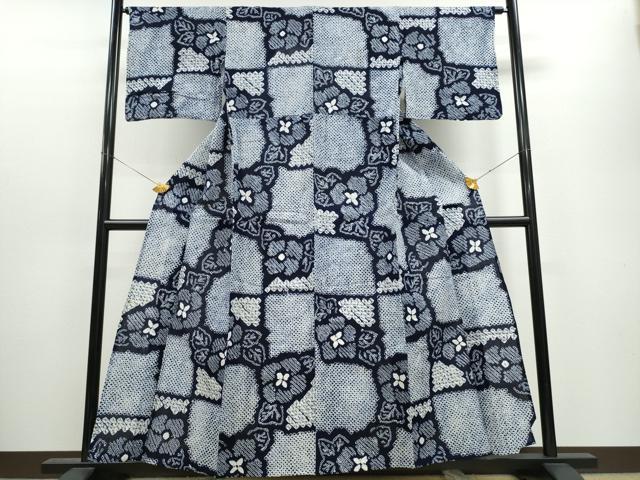 平和屋着物∴夏物　浴衣　有松鳴海絞り　市松枝花文　綿　逸品　CAAW1025ng