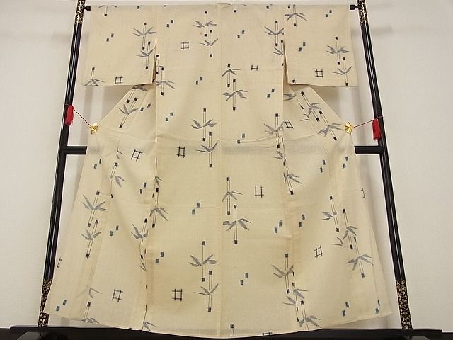 平和屋着物◆夏物 お召 笹竹文 着丈156.5cm 裄丈64cm 正絹 逸品 mop4262