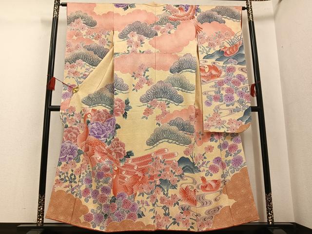 平和屋着物●名門　藤娘きぬたや・総絞り　振袖　御所車花文　正絹　逸品　AABF3950ck 最上級“藤娘きぬたや” 白/ピンク 藤の花 総絞り振袖ネットレンタル