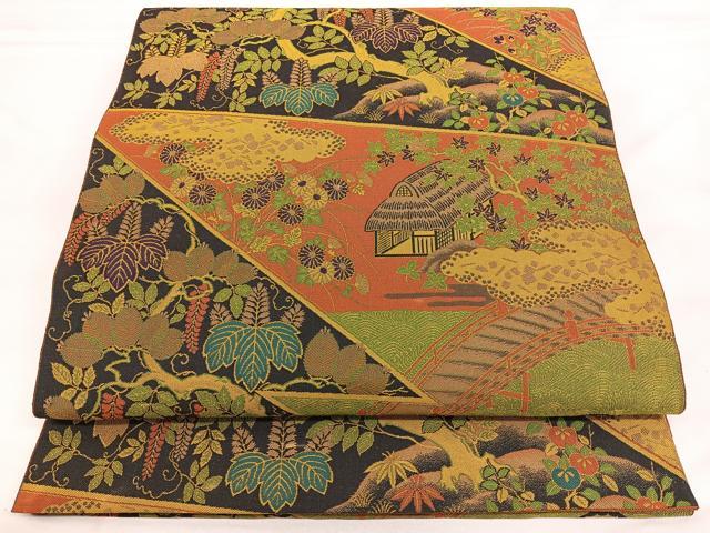 Rakuten - 平和屋着物◎山喜織物謹製　萬葉　紹巴　全通柄袋帯　切嵌風景文　正絹　逸品　BAAX1702qw