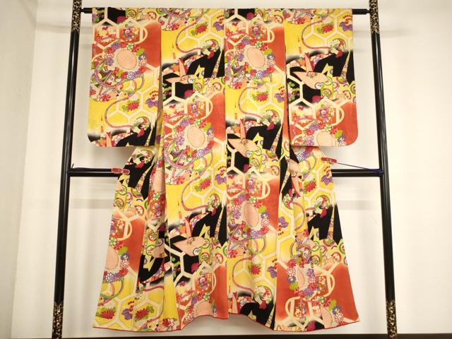 平和屋着物∵セミアンティーク 女の子 十三参り 子供 祝着 花鼓文 折り鶴 暈し染め 正絹 逸品 AABE2436ja