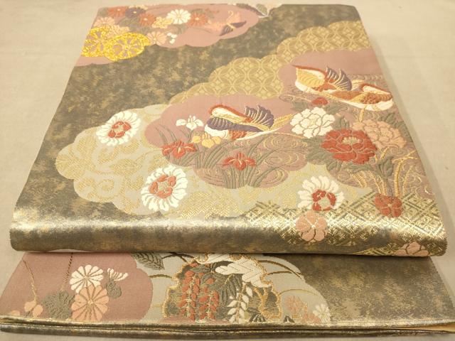 平和屋着物◎六通柄袋帯　唐織　鴛鴦花文　金糸　引箔　正絹　逸品　AABC1592dt