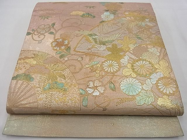 平和屋着物■六通太鼓柄袋帯 扇面飛鶴花唐草文 金彩 逸品 n-gh3442