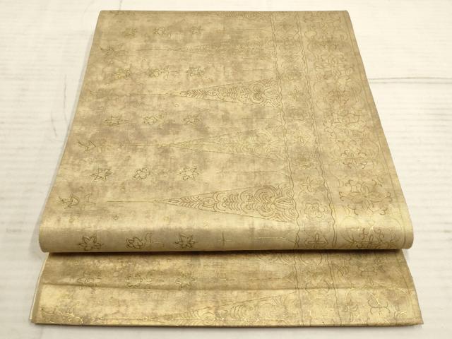 平和屋着物●六通柄袋帯　更紗　鋸歯花間道　金糸　三越扱い　正絹　逸品　AAAQ7779wj