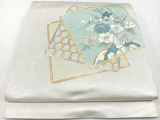 平和屋着物◎太鼓柄袋帯　総刺繍　駒刺繍　色紙花文　金糸　正絹　逸品　CAAU7447nb