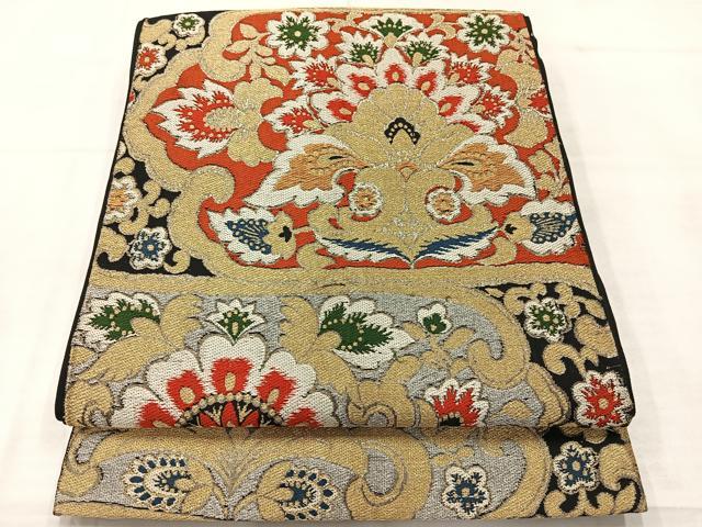 平和屋着物◎六通柄袋帯 更紗花文 黒地 金銀糸 正絹 逸品 AABE3186uk