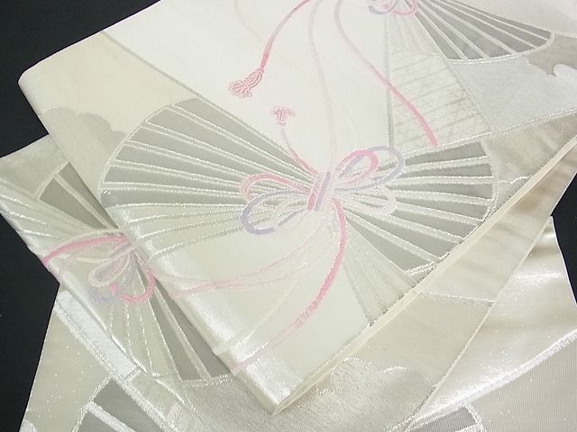 Rakuten - 平和屋着物■六通柄袋帯　扇面吉祥文　プラチナ箔　銀糸　逸品　sf0334