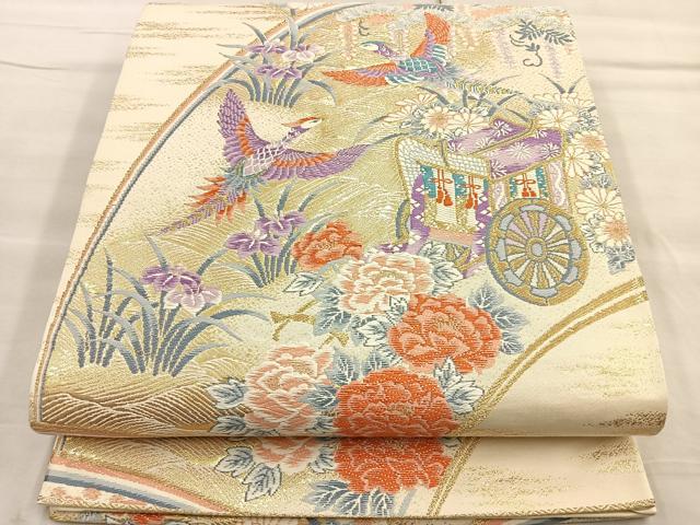 平和屋着物◎六通柄袋帯 唐織 扇面花鳥文 金糸 正絹 逸品 BAAO5299ea