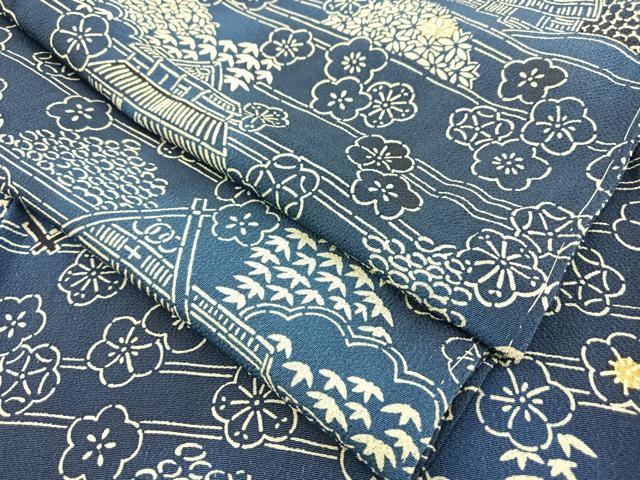 平和屋着物▽上質な小紋 単衣 風景文 暈し染め 鬼しぼ縮緬 正絹 逸品 BAAQ4961du