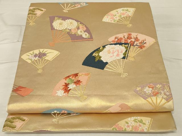平和屋着物◎六通柄袋帯 唐織 扇面花文 金糸 正絹 逸品 AABG4167ou