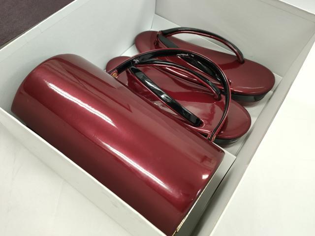 平和屋着物●和装小物　和装バッグ・草履セット　エナメル　臙脂色×黒　草履サイズ：L　逸品　CAAS9805ju