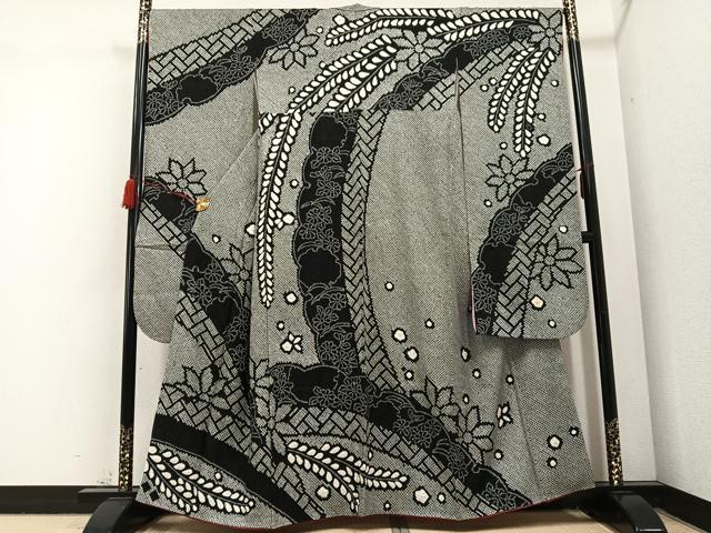 平和屋着物●豪華振袖　総絞り　草花文　黒地　正絹　逸品　AABI2616cs