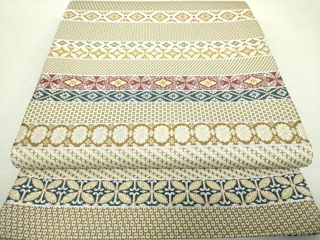 平和屋着物●両面　六通柄袋帯　刺し子織　横段割付文　銀糸　正絹　逸品　DAAV6024ps