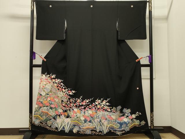平和屋着物■本塩沢　やまだ織　訪問着　染色作家　桐村博　豪華黒留袖　花鳥枝松文　暈し染め　正絹　逸品　CAAP3013eg