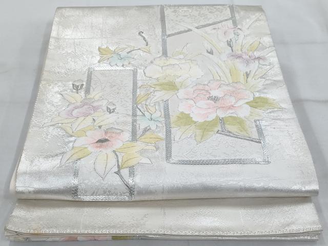平和屋着物◎太鼓柄袋帯　駒刺繍　色紙花文　銀糸　正絹　逸品　AAAS8584cx