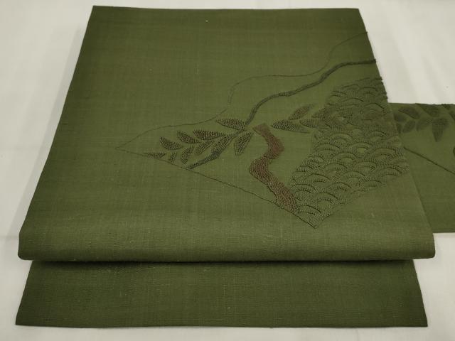 平和屋着物▼中国三大刺繍　相良刺繍　九寸名古屋帯　紬地　草葉文　正絹　逸品　AABI3390wj