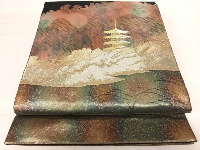 平和屋着物◎六通柄袋帯　風景文　金糸　正絹　逸品　AABA9100yx